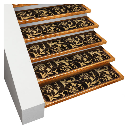 Set of 15 Skid-Resistant Carpet Stair Treads – Laurel Lane – Espresso Brown & Golden Cream