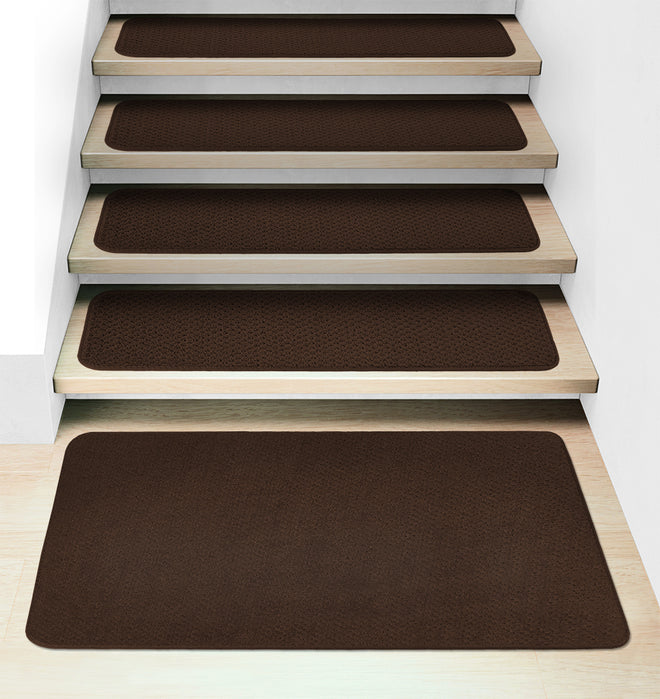 Set of 15 Attachable Carpet Stair Treads and Matching Landing Rug - Chocolate Brown