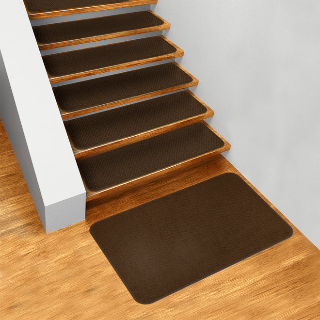 Set of 15 Skid-Resistant Carpet Stair Treads and Matching Landing Rug - Chocolate Brown