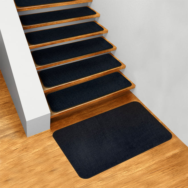 Set of 15 Skid-Resistant Carpet Stair Treads and Matching Landing Rug - Navy Blue