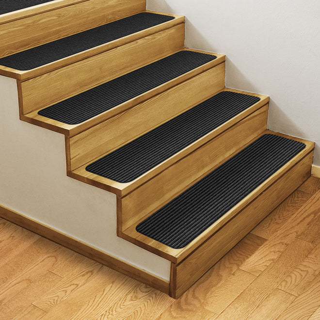 rubber backed stair tread rugs Smokey Black Skid Resistant Carpet Stair Treads